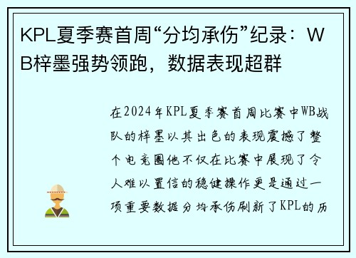 KPL夏季赛首周“分均承伤”纪录：WB梓墨强势领跑，数据表现超群