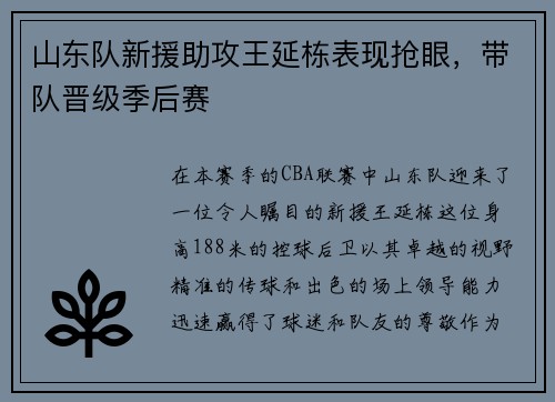 山东队新援助攻王延栋表现抢眼，带队晋级季后赛