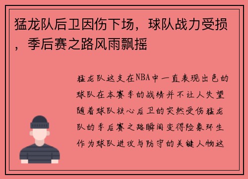 猛龙队后卫因伤下场，球队战力受损，季后赛之路风雨飘摇