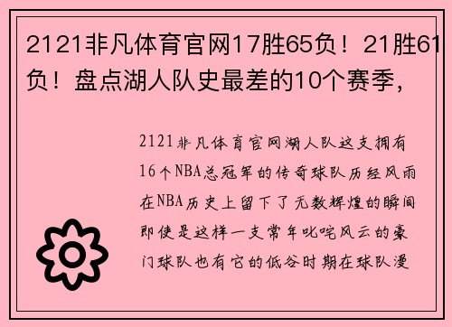 2121非凡体育官网17胜65负！21胜61负！盘点湖人队史最差的10个赛季，詹科占据6席 - 副本 (2)